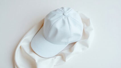 Minimalist White Baseball Cap on Draped Fabric Background