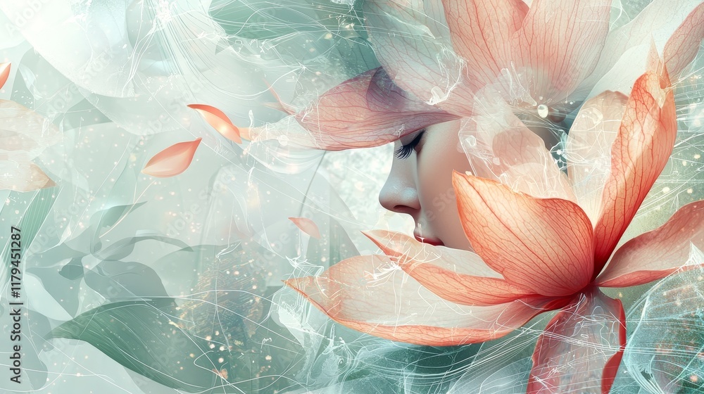 Poster soft whimsical abstract patterns with floral elements in gentle focus