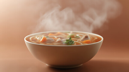 side view of clear pork noodle soup placed on a textured surface, with steam rising gently from the bowl. The ingredients are vividly colored