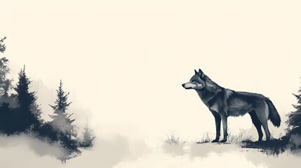 Fototapeta premium Lone wolf in the wilderness, amidst tall trees and quiet surroundings, creating a tranquil nature-inspired background, style book illustration
