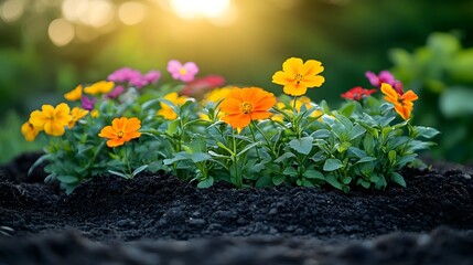 Preparing flower beds, vibrant blooms emerge from rich soil, illuminated by warm sunlight, embodying growth and renewal.