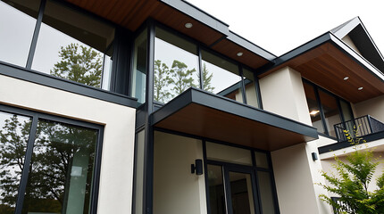 Modern home exterior showcasing large windows, dark-framed windows and doors, light-colored stucco walls, and a dark wood accented canopy over the entrance.  Trees are visible through the windows.
