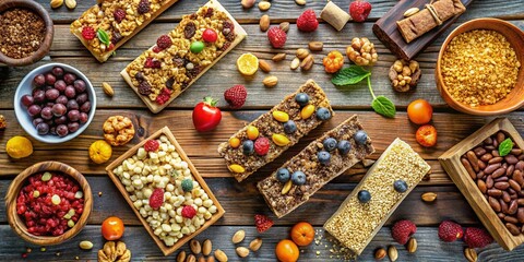Fototapeta premium Delicious Homemade Granola & Muesli Bars with Various Toppings - Drone Aerial View