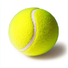 High-resolution image of a classic yellow tennis ball isolated on a pure white background. The texture of the ball's fuzzy surface and the curved white seam are captured in sharp detail. The soft ligh