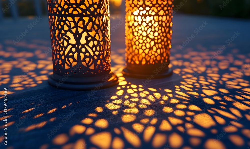 Poster illuminated lanterns casting intricate shadows on a surface at dusk.