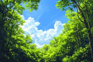Illustration of dense green forest under bright blue sky