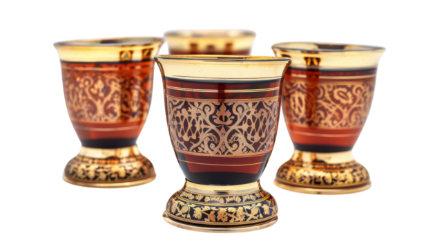 Elegant handcrafted glass cups with intricate designs displayed on a white background in a minimalist setting on transparent background