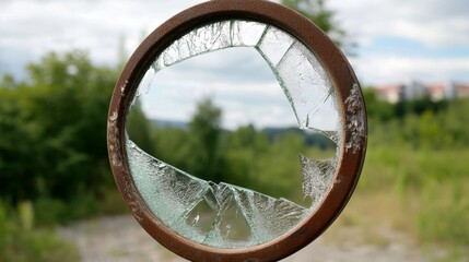 Broken lens with nature view through it.