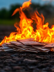 Burning papers symbolize loss and destruction.