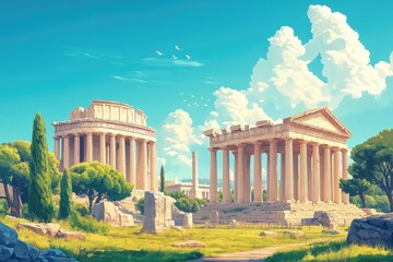 Majestic ancient greek temples standing on a sunny day with lush vegetation