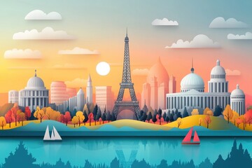 Eiffel tower and world famous landmarks reflected in river at sunset