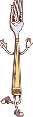 Retro groovy fork cartoon character for kitchenware or utensil, vector funny face. Funky groovy fork with happy smile and crossed fingers gesture for kitchen cutlery and kitchenware utensil character