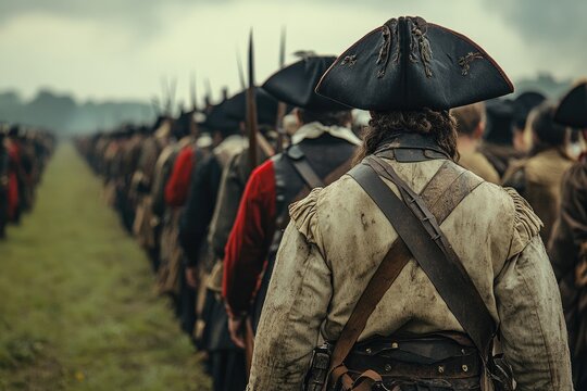 Continental army soldiers marching in formation during american revolutionary war