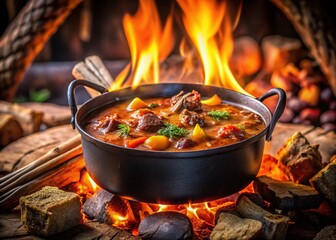 Delicious Hunter's Stew Simmering Over Campfire Flames - Low Light Photography
