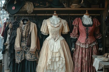 Elegant vintage dresses and costumes hanging in a wardrobe
