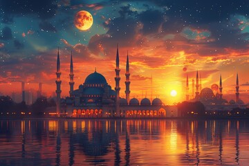 Fototapeta premium Majestic Mosque Sunset Celestial Landscape