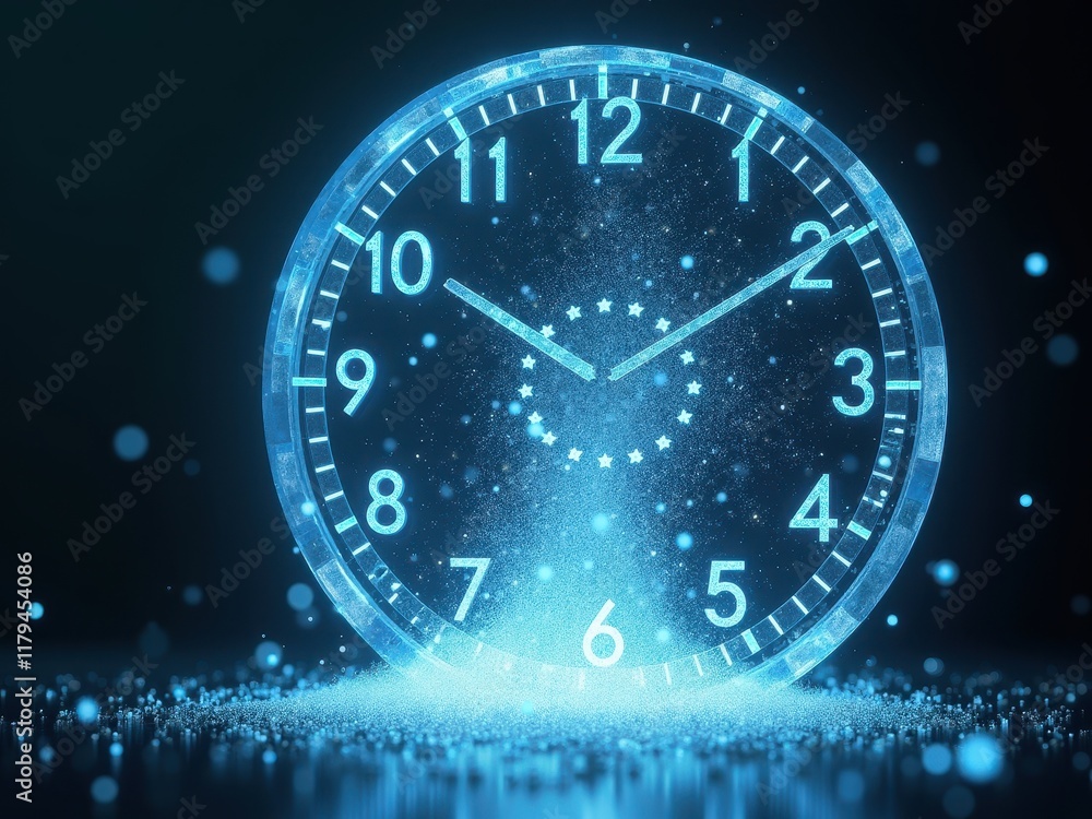 Poster artistic representation of a glowing clock amidst sparkling particles in a dark environment showcasi