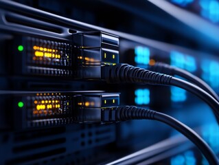 Close-up of server cables in data center