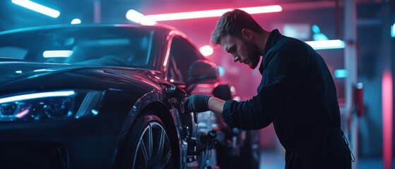 A mechanic fine-tuning the suspension system of a sports car in a neon-lit workshop