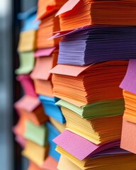 Naklejka premium Colorful stacks of paper for creative projects.