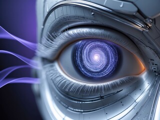 Futuristic robotic eye with swirling galaxy design showcasing advanced technology and artificial intelligence concepts