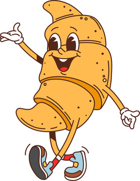 Naklejki Cartoon groovy fast food croissant character. Takeaway dessert food funny character, restaurant sweet meal or cafe pastry happy groovy isolated vector personage. Fresh croissant cheerful mascot