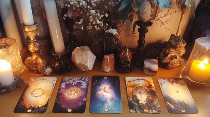tarot cards magical divination, focus on cards, flowers, lights, mystical vibe