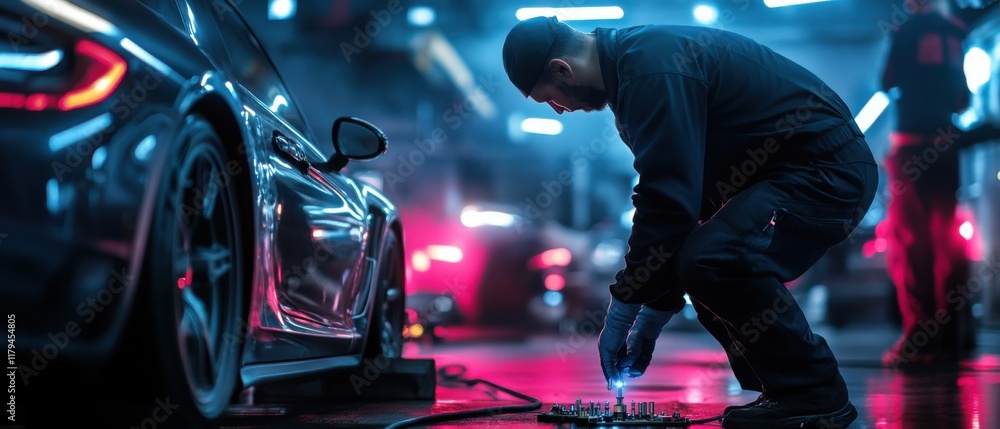Poster a mechanic replacing the spark plugs of a sports car, neon reflections creating a dynamic atmosphere