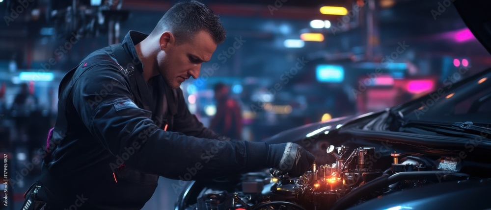 Poster A mechanic replacing the spark plugs of a sports car, neon reflections creating a dynamic atmosphere