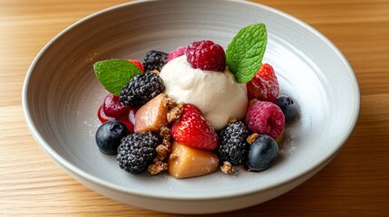 Delicious dessert with mixed berries and cream.