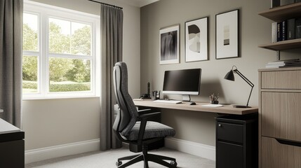 Modern home office interior design, desk, computer, window view, green wall, workday.