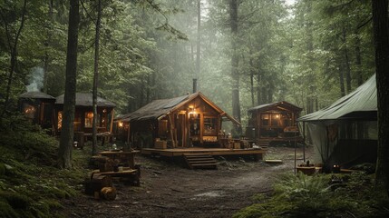 forest-based workshop where people learn skills like foraging, woodworking, and survival techniques