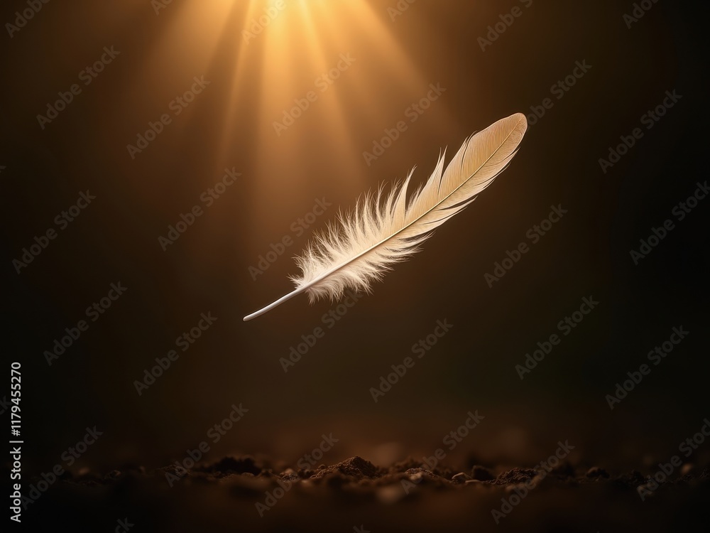 Poster delicate feather floating in soft light against a dark background, creating a serene and tranquil at