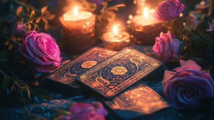 tarot cards magical divination, focus on cards, flowers, lights, mystical vibe