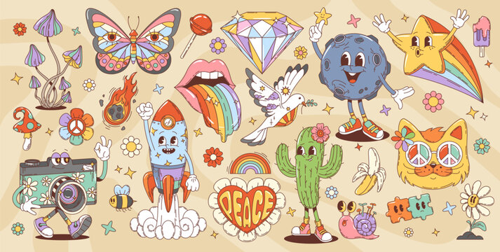 70s 80s retro cartoon groovy characters and hippie symbols. Vector funny flower, butterfly, rainbow and butterfly, star and cat in sunglasses personages. Psychedelic peace symbol, daisy and puzzle