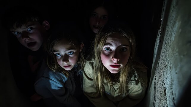 Fearful Children Hidden Dark Corner Mysterious Space Frightened Faces