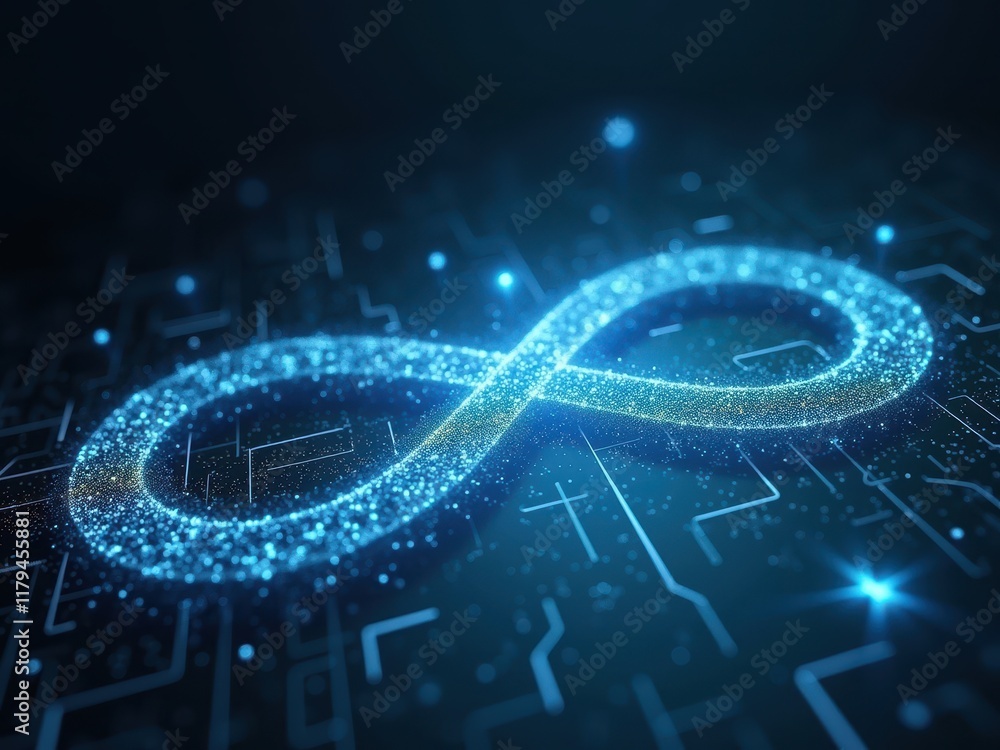 Poster glowing blue infinity symbol with digital circuit pattern in the background during nighttime technol