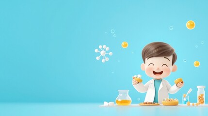 Cute cartoon scientist experimenting with pills in a bright lab children&rsquo;s illustration fun learning environment whimsical viewpoint