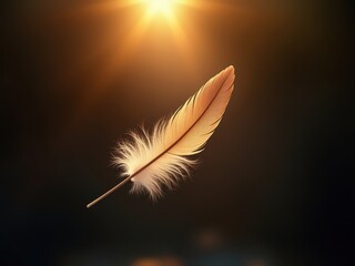Naklejka premium Delicate feather floating gracefully in sunlight against a dark background, showcasing intricate details and soft textures