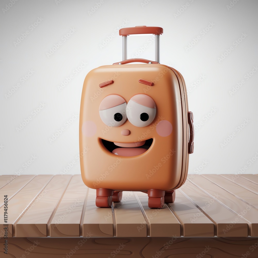 Poster cute 3d render of a smiling cartoon suitcase on a wooden table with a soft gray backdrop