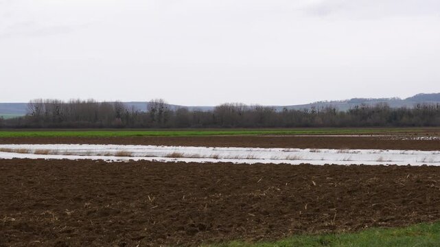 plan fixe sur un environnement avec les innondations qui immergent les champs agricoles qui comment &agrave; &ecirc;tre inond&eacute;, une journ&eacute;e grise et venteuse d'hiver, avec zoom arri&egrave;re