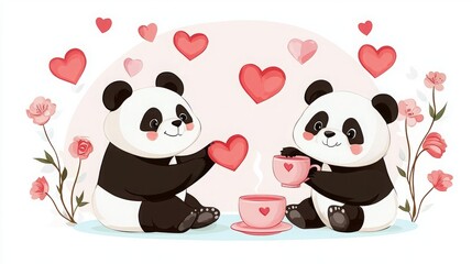 Valentine animal companion heartwarming symbolic friendly. Two cute pandas share love while surrounded by hearts and roses, enjoying a tea party in a whimsical and heartwarming scene.