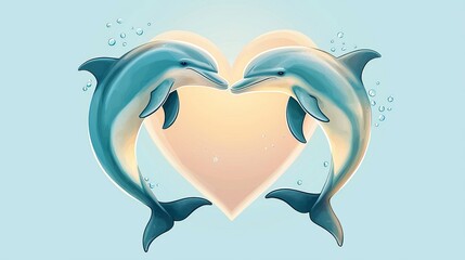 Valentine animal companion heartwarming symbolic friendly. Two dolphins form a heart shape against a soft blue background, symbolizing love and connection in a playful, artistic style.