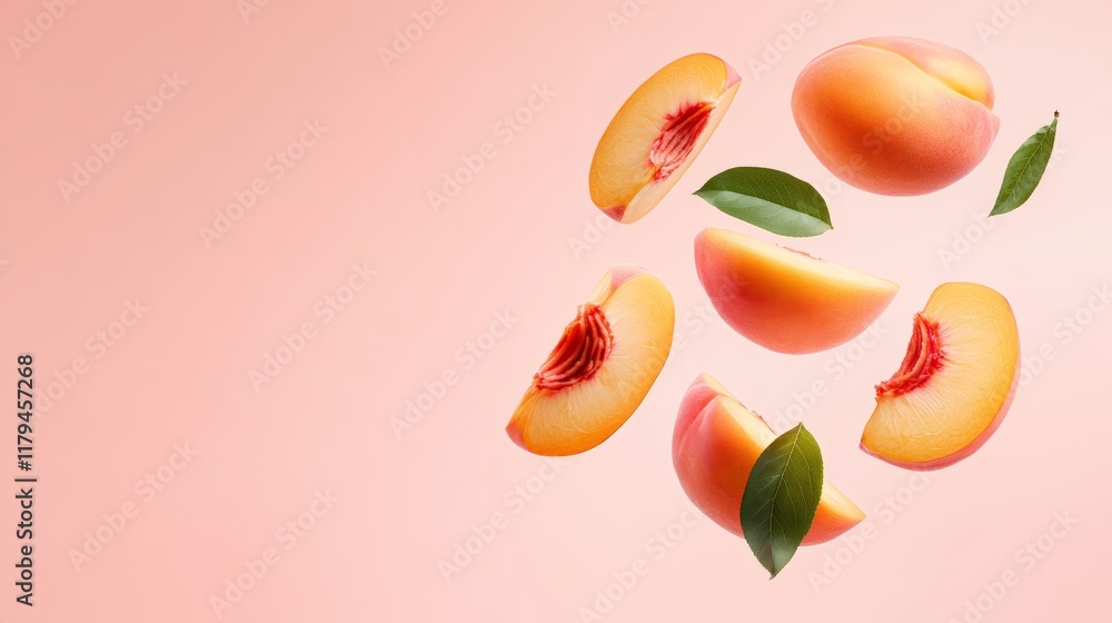 Poster Ripe peach slices and whole peaches with leaves are levitating on a vibrant pink background, creating a dynamic and appetizing visual representation of freshness