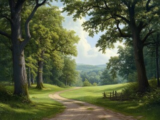 Fototapeta premium Serene path through lush green trees.