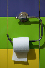 Toilet paper roll on a multicoloured vertical wall hanger