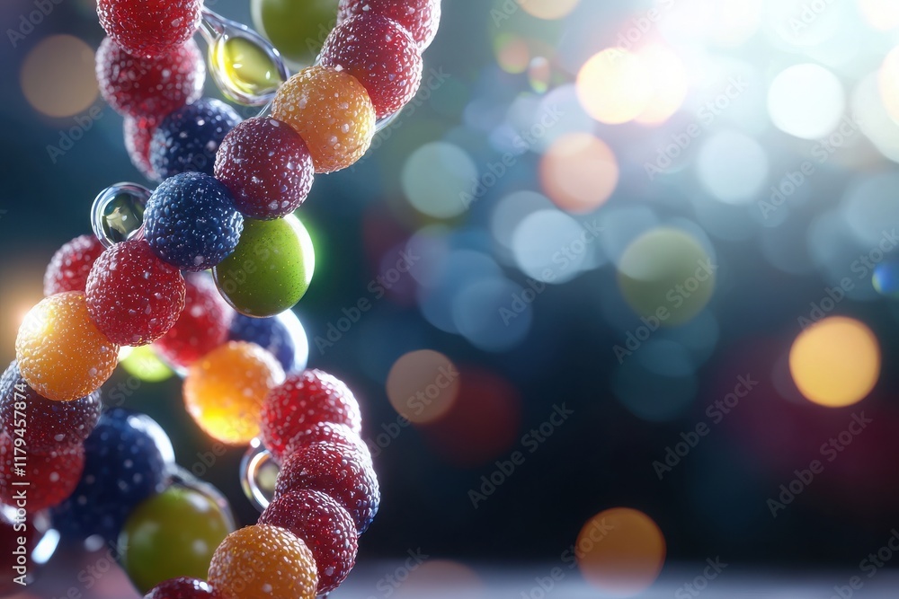 Poster vibrant dna helix of fruity patterns encapsulating genetic beauty in a colorful bokeh environment