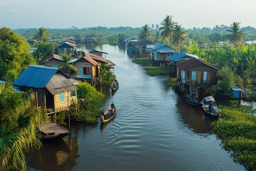 Naklejka premium Fishermen navigating river through floating village in cambodia