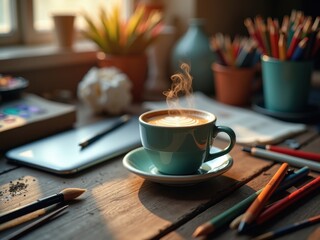 Cozy workspace with steaming coffee on a wooden table surrounded by art supplies and plants in the afternoon light