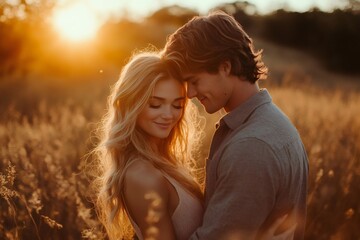 Fototapeta premium Romantic couple embracing in golden sunset field